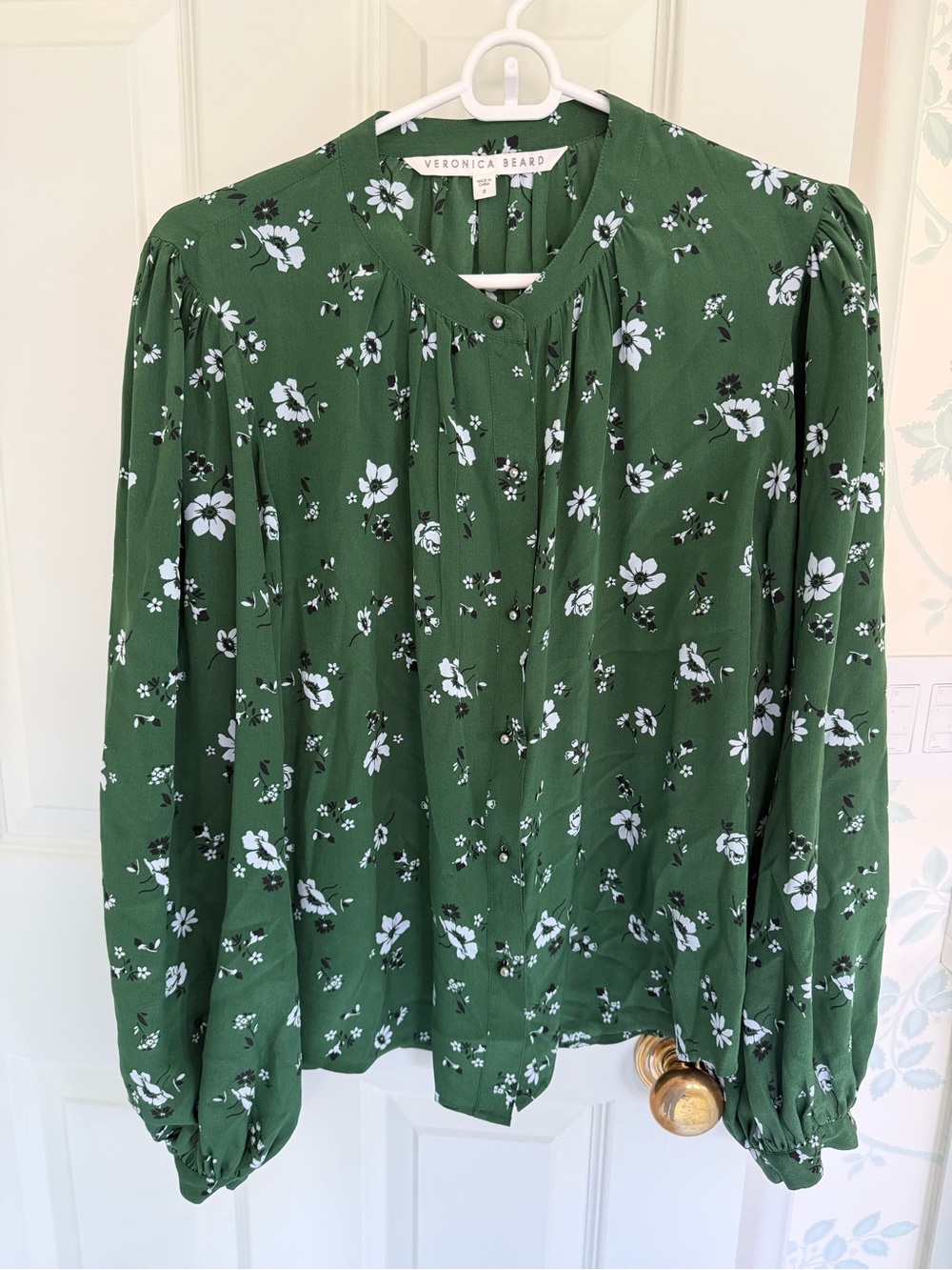 Veronica Beard Emerald Green Floral Button-Front Silk Shirt
